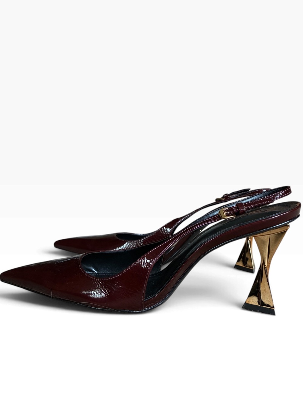 Schutz Elisha Burgundy Maplewood Patent Leather Slingback Pumps Gold Heels 10.5 - Picture 14 of 15